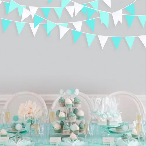 Miniatura 3 de Pancarta verde aguamarina de 32 pies para decoración de fiesta, bandera triangular, banderines de tela para boda, cumpleaños, compromiso, novia