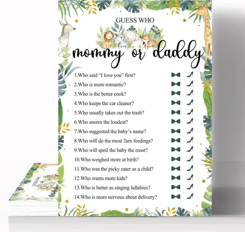 Celepaty 36 tarjetas de safari de juego de Guess Who Mommy Or Daddy, Safari Jungle Baby Shower, juegos de baby shower, con temática de animales