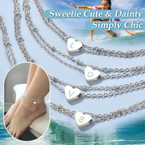 Miniatura 5 de ChainsProMax Tobillera de corazón elegante, cadena de pie de playa de verano para mujer, pulsera de tobillo inicial de la A a la Z, ajustable