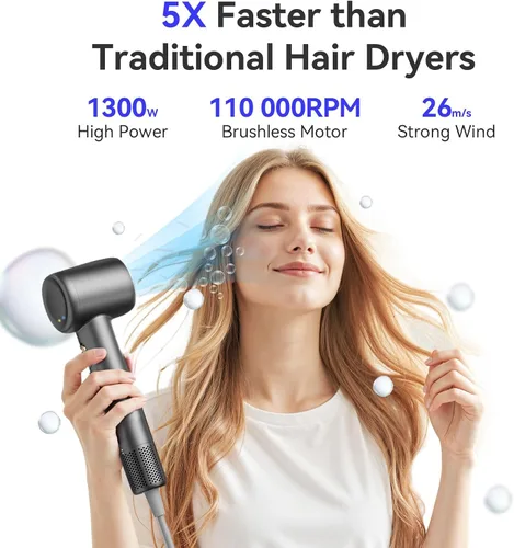 Miniatura 3 de Secador de Pelo BeautiFlow 110,000 RPM Motor Sin Escobillas de Alta Velocidad Iónico, con Difusor y Boquilla Suavizante, Bajo Nivel de Ruido, Ligero