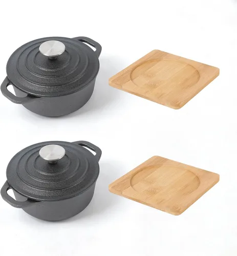 Miniatura 3 de HAWOK Mini horno holandés de hierro fundido, diámetro 5.51 pulgadas, 23 onzas, con bandeja de bambú, juego de 2, pre-sazonado