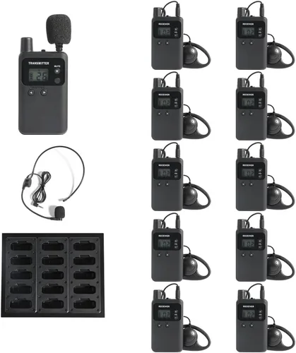 AGJ Sistema inalámbrico de guía turístico, micrófono de guía turístico, auriculares de guía turístico, 1 transmisor, 10 receptores, 1 cargador de