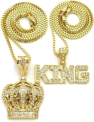 Bright Jewelers USA - Juego de 2 collares para hombre, corona de rey negro y oro, diseño de hip hop