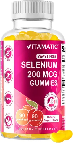 Vitamatic Gomitas de selenio sin levadura de 200 mcg como suplemento de selenometionina mineral esencial con absorción superior, 90 gomitas a base