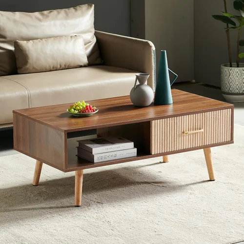 Miniatura 9 de Mesa de centro moderna de mediados de siglo con almacenamiento, mesa rectangular de madera de 41.3 pulgadas con panel de puerta deslizante de ratán