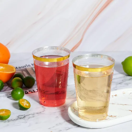 Miniatura 4 de Vplus Paquete de 150 vasos de plástico transparente reutilizables con borde dorado de 12 onzas, vasos desechables de plástico resistentes, perfectos