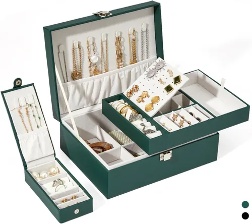 BUTI4WLD Joyero, organizador de joyería de 2 capas con estuche de joyería de viaje, organizador de cuero sintético para aretes, anillos, collares,