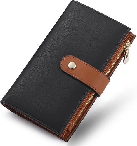 Miniatura 22 de yiijay Cartera para mujer con bloqueo RFID, de cuero vegano, triple pliegue, tarjetero para tarjetas de crédito, cartera de viaje con soporte
