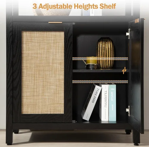 Miniatura 6 de Estantería SICOTAS de 5 niveles, estante de libros de ratán estilo bohemio de 71" de altura con puertas, estantes de almacenamiento, estanterías