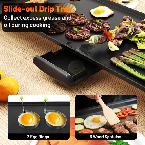 Miniatura 9 de LDAILY Plancha Eléctrica Antiadherente Extra Grande, Parrilla Teppanyaki BBQ con 4 Temperaturas Ajustables, Calentamiento Uniforme y Asas, Plancha
