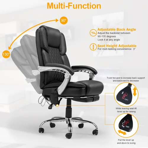 Miniatura 4 de HOMREST Silla de Oficina de Masaje de 6 Puntos con Soporte Lumbar, Silla de Oficina Ejecutiva Calefaccionada con Respaldo Reclinable, Silla de negro