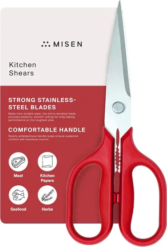 Misen Tijeras de cocina resistentes, acero inoxidable, tijeras versátiles y fáciles de limpiar para carne, hierbas y verduras, mango ambidiestro Rojo