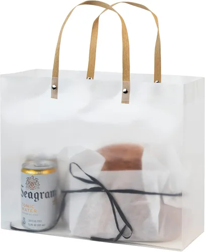 Miniatura 2 de Hammont Bolsas de regalo transparentes esmeriladas – Paquete de 10 – Bolsas reutilizables de plástico con mango de paja marrón – 9.75 x 11.75 x 4.5