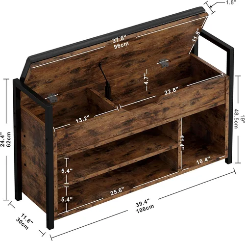 Miniatura 3 de IRONCK Banco de almacenamiento de zapatos, banco de entrada con caja de almacenamiento de tapa elevable, banco de metal y tablero para entrada