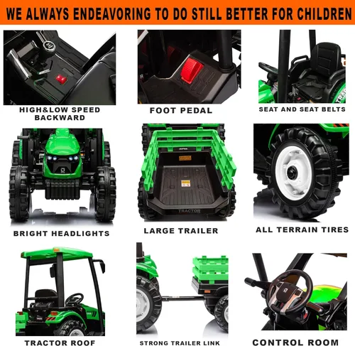 Miniatura 6 de Kidsera Tractor de paseo para niños de 24 V con remolque y cargador frontal, tractor 3 en 1 con caja de cambios de 24 voltios, marco de metal