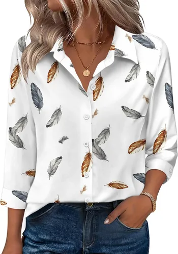 Miniatura 6 de Zeagoo Camisas con botones para mujer, manga 3/4, cuello en V, blusas con cuello en V, trajes casuales de negocios