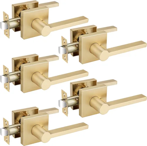 Miniatura 10 de EHOMEWARE Juego de manijas de puerta delantera doradas, palanca de puerta cuadrada resistente de latón y cerrojo de un solo cilindro reversible