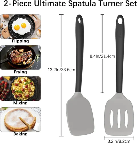 Miniatura 6 de Coukre Juego de 2 espátulas de silicona, resistentes a altas temperaturas, libres de BPA, espátulas de cocina, volteadoras sólidas y ranuradas