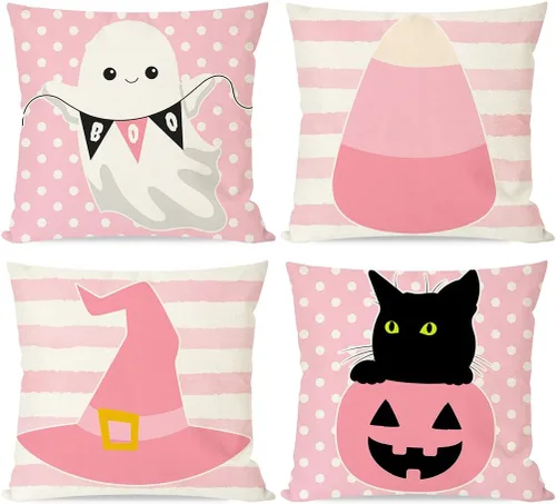 PANDICORN Juego de 4 fundas de almohada rosas de Halloween de 18 x 18 pulgadas, diseño de fantasma, gato negro, calabaza, sombrero de bruja,