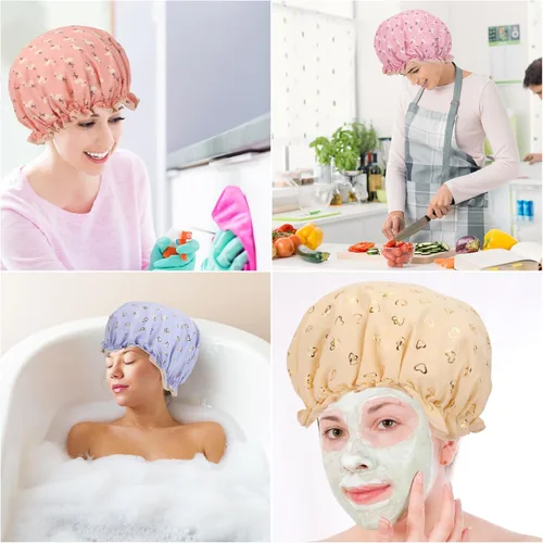 Miniatura 6 de 4 Piezas Gorros de Ducha para Mujeres y Niña, Gorro de Baño Reutilizable e Impermeable con Doble Capa Impermeable, Patrón de Pájaro y Corazón