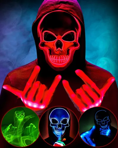 Miniatura 9 de Sumind Máscara LED de Halloween, esqueleto LED aterrador, hacker de purga que brilla en la oscuridad, para fiesta de disfraces de Halloween (rosa)