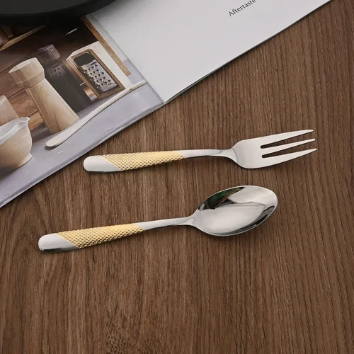 Miniatura 7 de Juego de cubiertos de 16 piezas de acero inoxidable 18/0 plateado con mango dorado, multiuso para el hogar, cocina, restaurante, hotel, servicio