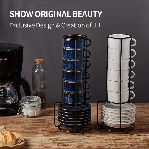 Miniatura 7 de JIEMEI HOME - Tazas apilables de porcelana para espresso con platillos y soporte de metal, tazas Demitasse de 4 onzas para bebidas de café, café