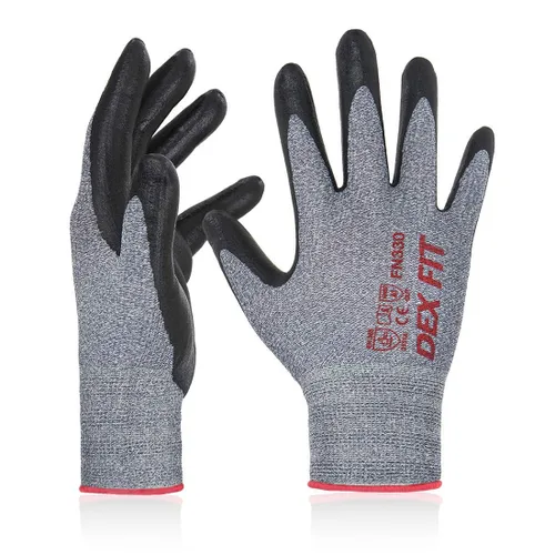 DEX FIT FN330 - Guantes de trabajo de nitrilo, ajuste elástico 3D, agarre potente, táctil inteligente, recubierto de espuma resistente, fino y Gris