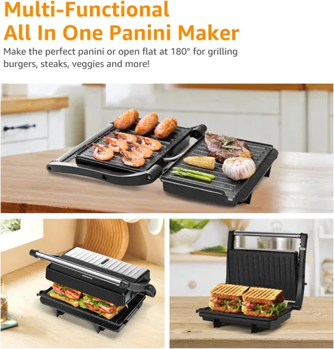 Miniatura 3 de Panini - Parrilla de prensa, sandwichera Aigostar de 1000 W con placas antiadherentes de cerámica, abre 180 grados para cualquier tamaño de Negro