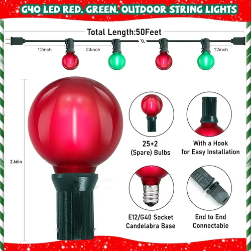Miniatura 2 de Cadena de luces LED G40 para exteriores de Navidad de 50 pies, cadena de luces colgantes de globo con 27 LED inastillables, luces rojas y verdes