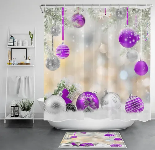 Miniatura 15 de LB Winter Christmas Shower Curtain Sets with Rugs Silver and Light Blue Xmas Ball in Winter Snow Scene Fabric Shower Curtain with Hooks New Year