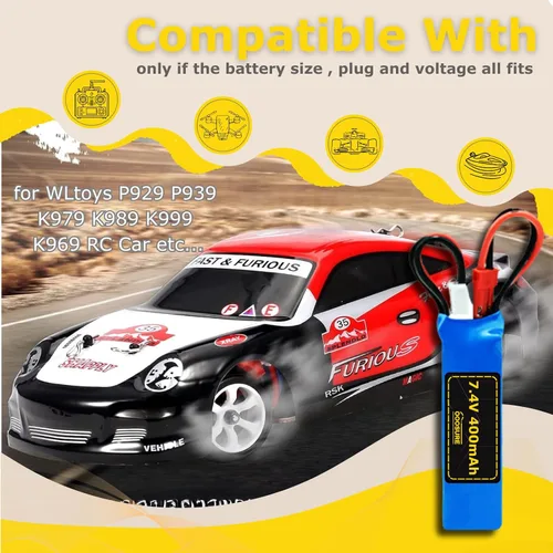 Miniatura 2 de Batería de 7.4V 400mAh 20C compatible con WLtoys P929 P939 K979 K989 K999 K969 RC Racing Truck con cargador USB