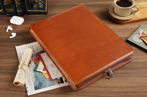 Miniatura 9 de Cuaderno de cheques personalizado de cuero para negocios, carpeta de 7 anillos grabada con soporte para libro de cheques para 3 por página, Marrón