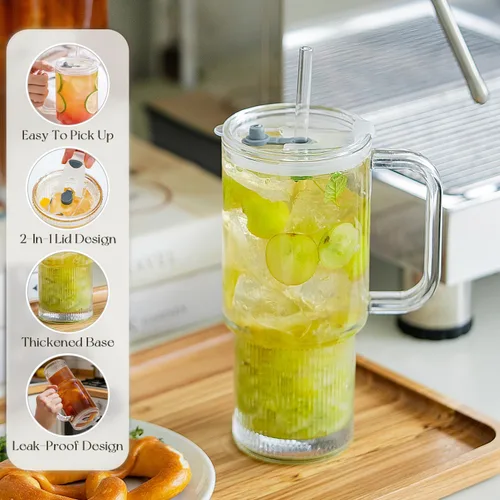 Miniatura 4 de KEMORELA Paquete de 2 vasos de vidrio acanalado de 26 onzas con asa y tapa, grandes tazas de café helado estéticas con pajitas, tazas de vidrio