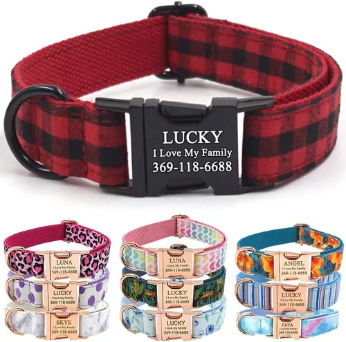 Miniatura 17 de PETDURO Collar Personalizado para Perro A cuadros Negro Blanco con Nombre y Teléfono Grabados en Hebilla de Metal Plateado para Perros Grandes