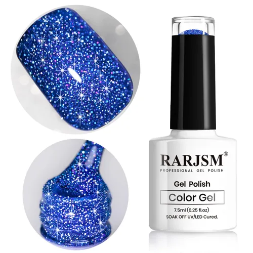 RARJSM Esmalte de uñas de gel reflectante con purpurina azul real, brillante, arco iris iridiscente, brillante, azul oscuro, 0.3 fl oz, remojar para