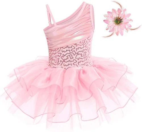 Miniatura 3 de IDOPIP Vestido de ballet con lentejuelas y un hombro para niñas pequeñas, tutú con volantes, falda de bailarina, 3-10 años