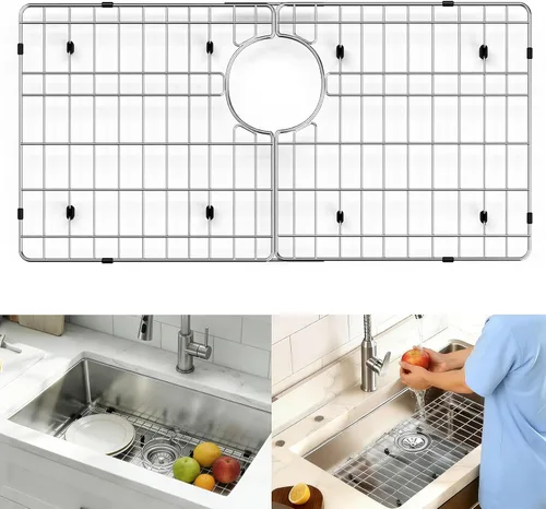 Miniatura 9 de Protectores de fregadero de acero inoxidable para fregadero de cocina, estante de fregadero de metal de 12.25 x 11.5 pulgadas con orificio