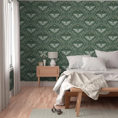 Miniatura 5 de Spoonflower Papel tapiz autoadhesivo de 12 x 2 pies – Polillas Damasco Luna Verde Oliva Hojas Grandes Celestial Papel tapiz extraíble personalizado