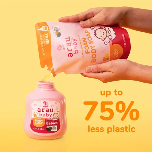 Miniatura 6 de Arau Baby Jabón corporal de espuma, repuesto de aroma cítrico, gel corporal espumoso natural a base de plantas para bebés, bebés y niños pequeños