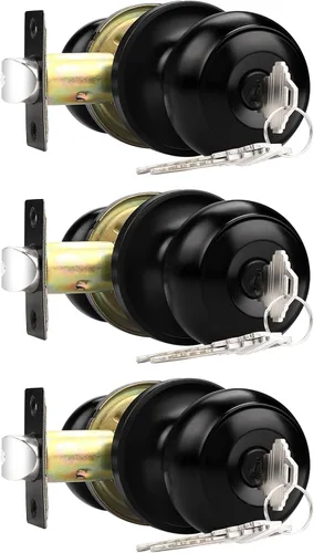 Miniatura 10 de Probrico Perillas de puerta exterior con cerradura con cerradura de bola plana para puerta de entrada en color negro, llave interior, herrajes