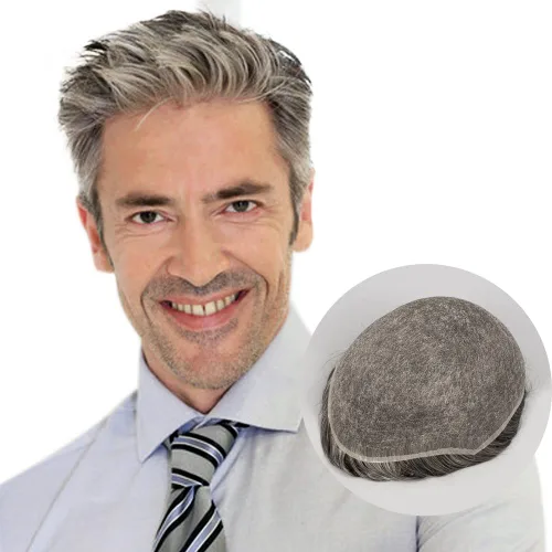 Miniatura 8 de Tupé para hombre 100% cabello humano real europeo de 8 x 10 pulgadas, gorra base súper suave y transpirable, encaje francés completo de densidad #17