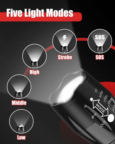 Miniatura 3 de Victoper Linterna LED Paquete de 6, Linternas Tácticas Brillantes de 2000 Lúmenes de Alto Lumen con 5 Modos, Linterna con Zoom de Enfoque Negro