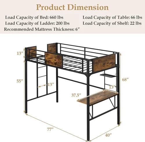 Miniatura 2 de Giantex Cama alta de metal tamaño individual con escritorio y estante de almacenamiento, marco de cama alta resistente con escalera integrada