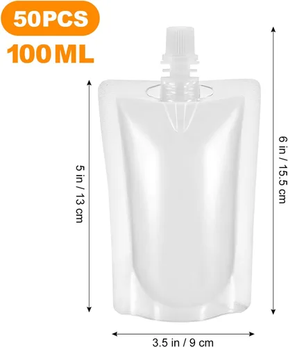 Miniatura 3 de Yardwe Frascos de plástico transparente con sello de boquilla de succión, bolsas de bebidas portátiles de 3.5 onzas para jugo, agua, vino, bolsas