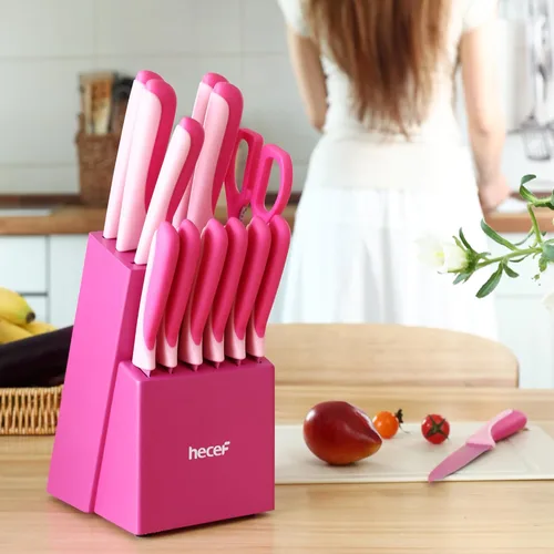 Miniatura 6 de hecef Juego de cuchillos de cocina de 15 piezas con bloque de madera con afilador integrado, apto para lavavajillas, juego de bloques de cuchillos