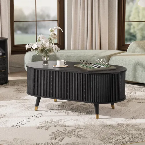Miniatura 6 de SULIVES Mesa auxiliar ovalada con almacenamiento, mesa de centro multifuncional con tambor elevable, pequeña mesa central acanalada para sala