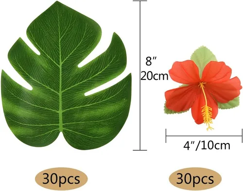 Miniatura 2 de KUUQA 60 piezas de suministros de decoración de fiesta tropical de 8 pulgadas, hojas y flores de hibisco Palmtera, hoja de simulación para fiesta