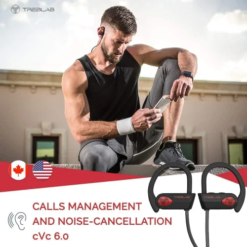 Miniatura 5 de TREBLAB Auriculares para correr Bluetooth XR500, IPX7 impermeables, con cancelación de ruido, ajuste seguro, auriculares deportivos inalámbricos