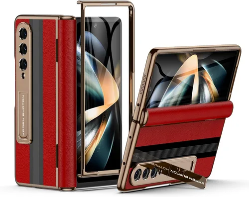 para Funda de Teléfono Samsung Galaxy Z Fold 4 [Cuero Genuino de Lujo Premier][Protección Completa de Bisagra][Protector de Pantalla Rojo